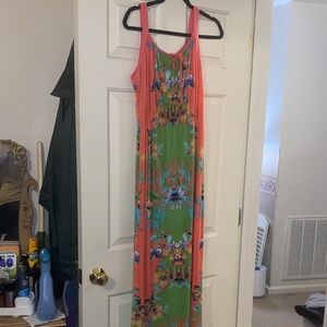 New Directions Coral and Green Floral Maxi Dress
